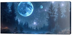 A moody forest landscape with a night sky featuring stars and a large blue moon along with planets. Incorporate a few galaxies into the sky.