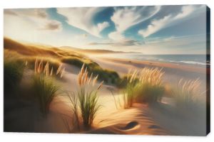 Golden sand dunes are dotted with tall, feathery grasses.  