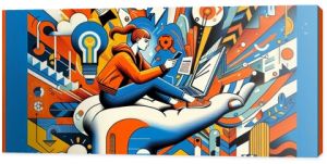 "The image portrays a young woman working on a laptop while sitting on a giant hand, set against a dynamic backdrop of geometric shapes and patterns. The vibrant colors and abstract elements evoke a s