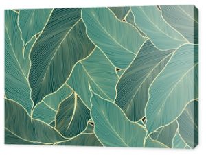 Luxury leaves wallpaper design gold and nature green background vector. Hand drawn linear golden abstract leaves. Vector Illustration