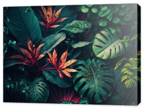 Lush colorful tropical leaves, dark background. AI