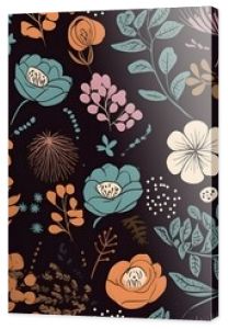 Seamless Сontemporary Spring Floral Pattern. Hand-drawn illustration. Flowers on black background. Decor, wallpaper, textile. Scandinavian design. Generative Ai.