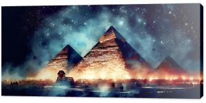 Watercolor painting of the pyramids of ​​giza at night