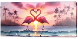 Watercolor painting of a pink flamingo standing in water.