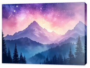 Vibrant watercolor night sky featuring stars, mountains, and silhouetted trees, creating a serene and magical atmosphere.