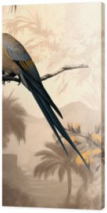 Parrot sitting on branches in a rainforest, vintage illustration on light brown background in boho style