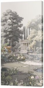 Ancient Greek garden with Parthenon in the distance landscape illustration in muted colors