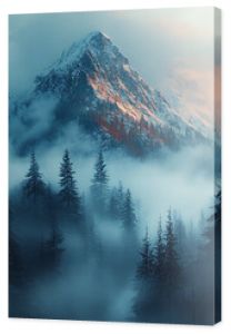 beautiful representation of a mountain range with fog in the foreground, depicted in a realistic style with a muted color palette.