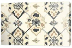 Geometric pattern of diamond shapes with floral designs in muted colors creates an intricate textile design suitable for various decor styles