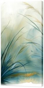 Two small blue birds sit on tall grassy plants, surrounded by soft, muted colors. The peaceful environment evokes a sense of calm and tranquility, illustrating the beauty of nature.