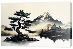 Majestic mountain landscape with snowy peaks, lush trees, traditional Japanese village, and warm sunset glow in muted colors