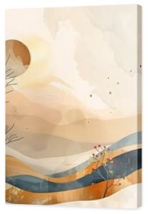 Abstract minimalist landscape painting with muted earth tones, featuring stylized trees, hills, and a sun.