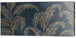 Abstract luxury art background with tropical palm leaves in blue and green colors with golden art line style. Botanical banner with exotic plants for wallpaper design, decor, print, textile