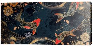 Modern illustration with Sakura flower, ocean wave, and koi carp fish in Oriental style. Japanese illustration with golden texture. Modern illustration with Sakura flower, ocean wave, and koi carp