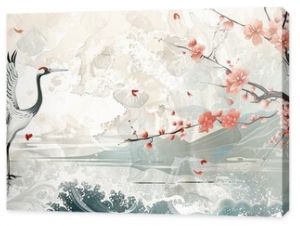 Decorative cherry blossom pattern with ocean sea decoration banner design in vintage style. Japanese background with watercolor painting texture.