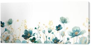 A beautiful watercolor illustration featuring abstract teal and gold flowers on a white background.