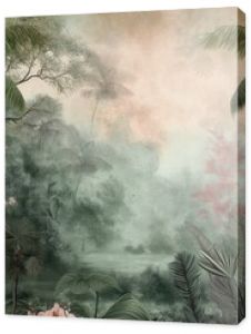 Vintage wallpaper of an exotic forest with toucans, blooming orchids and hidden streams in pastel tones. mural art style. 