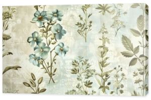 A background pattern of vintage botanical prints featuring wildflowers in muted tones of blue and green, arranged in an elegant, repeating design.