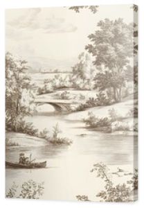 Vintage Landscape with Bridge  River  and Trees