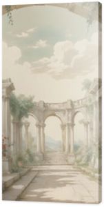 Classical Roman ruins with garden, peacock, bird, botanical tree and flower art prints wallpaper mural for living room decoration