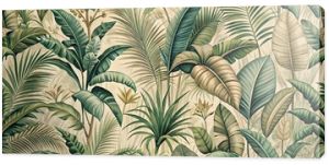 Vintage tropical jungle pattern for seamless wallpaper fabric texture tapestry background in green beige muted colors