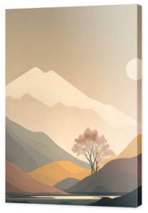 Minimalist landscape scenery wallpaper with single tree. Illustration design in 2D. Generative AI.