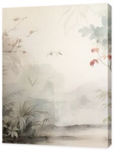 Watercolor pattern wallpaper. Painting of a jungle landscape with birds.