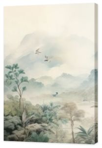 Watercolor pattern wallpaper. Painting of a jungle landscape with birds.