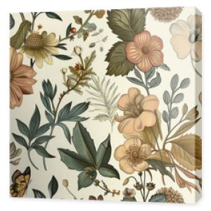 Seamless pattern background featuring a collection of vintage botanical illustrations with flowers and leaves in muted colors - Generative AI