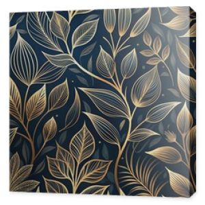 Elegant floral organic texture wallpaper illustration featuring intricate gold line art leaves on a dark, mysterious background with a seamless repeating pattern.